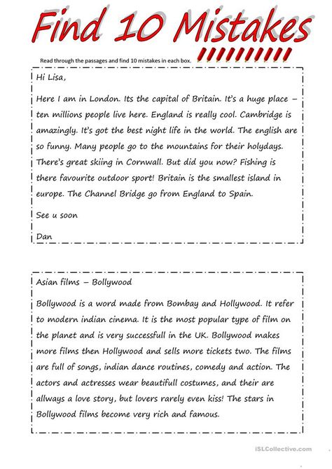 Find 10 Mistakes (2 pages task + 2 pages key) - English ESL Worksheets for distance learning and physical classrooms Teaching Reading Comprehension, English Exercises, Teaching English Grammar, English Grammar Worksheets, English Activities, Grammar Lessons, School Worksheets, Grammar Worksheets, English Language Learning