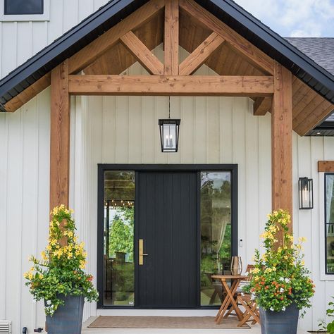 Front Entrance Gable Roof, Gable End Front Of House, Front Door Gable Ranch Style, Cedar Shake Front Entry, Gable End Windows Exterior, Portico Entry, White House Black, Black Front Doors, House Updates