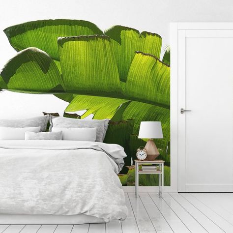 Tropical Wallpaper Bedroom, Mural Tropical, Beach House Wall Art, Large Wall Murals, Palm Leaf Wallpaper, Banana Leaf Wallpaper, Tropical Home Decor, White Wall Decor, Wallpaper Green