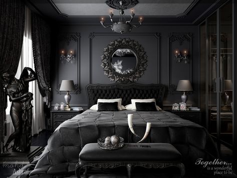 Elegant Black Bedroom.., mohd ashraf on ArtStation at https://www.artstation.com/artwork/8lRBRG Black Victorian Bedroom, Vs Bedroom, Dark Elegant Bedroom, Bilik Tidur Mewah, Idea Bilik Tidur, Reka Bentuk Bilik Tidur, Hiasan Dalaman Rumah, Reka Bentuk Dalaman, Black Bedroom Design