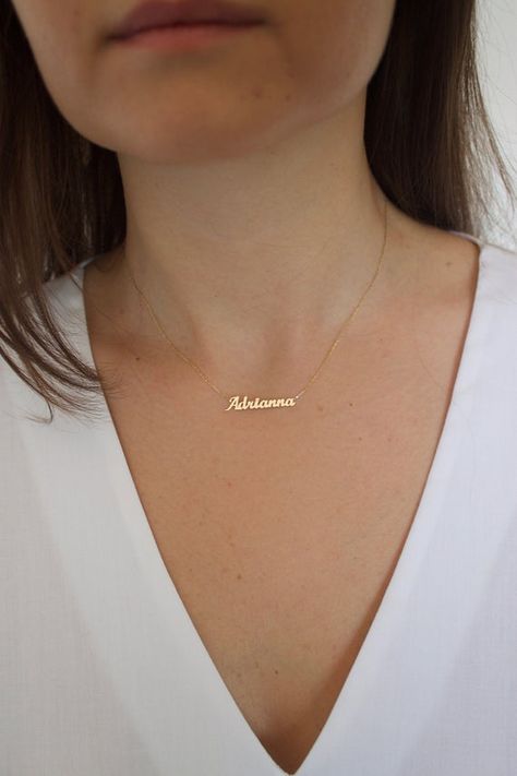 Tiny Name Necklace - Dainty Name Necklace - Mini Name Necklace - Bridesmaid Gift - Gift for Moms - Graduation Gift - Personalized Jewelry DETAILS __________  100% 14k Gold Filled, Sterling Silver, or Rose Gold Filled All raw materials are Italia sourced The necklace can be personalized with NAME, Name Jewelry Necklace, Gold Dainty Name Necklace, Gold Necklace With Name, Necklaces With Names, Necklace With Name, Sideways Initial Necklace, Name Necklace Silver, Name Necklace Gold, Necklace Name