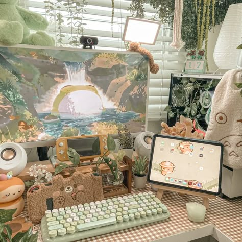 Kawaii Room Green, Fairy Core Gaming Setup, Cottagecore Pc Build, Cottage Core Gamer Setup, Switch Set Up Aesthetic, Fairycore Gaming Setup, Aesthetic Desk Setup Boho, Cute Gaming Setup Green, Green Kawaii Room