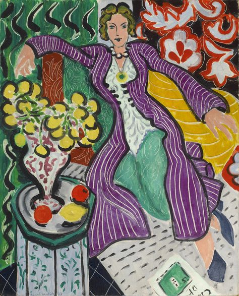 https://flic.kr/p/TCB2ay | Henri Matisse - Woman in a Purple Coat [1937] | This painting is an example of Henri Matisse's mature decorative style. Matisse depicts his model and companion of many years, Lydia Delectorskaya, in an exotic Moroccan costume, surrounded by a complex of abstract design and exotic colour. This is an example of one of the final groups of oil paintings in Matisse's career, in 1950 he stopped painting oil paintings in favour of creating paper cutouts. [Museum of Fine ... Maurice De Vlaminck, Andre Derain, Matisse Paintings, Raoul Dufy, Purple Coat, Matisse Art, Paul Cezanne, 수채화 그림, Museum Of Fine Arts