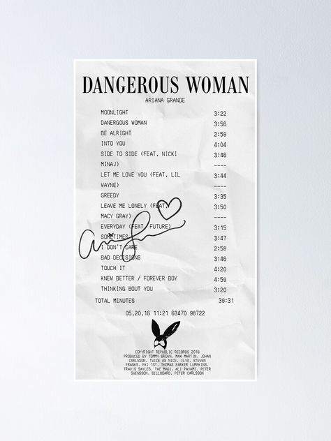 "album receipt" Poster by jennagardnerr | Redbubble Life Support Album Receipt, Ariana Grande Receipt, Receipt Poster, Album Receipts, Album Receipt, Ariana Grande Dangerous, Photographie Indie, Ariana Grande Album, Ariana Grande Dangerous Woman