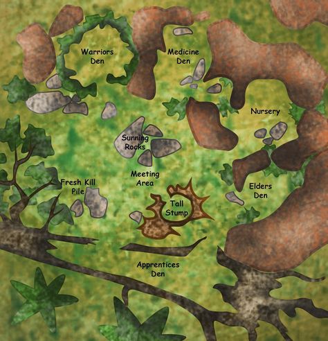 ShadowClan Camp. Warrior Cats Territory Ideas, Warrior Cats Camp Ideas, Warrior Cats Territory Map, Windclan Camp, Warrior Cats Camp, Riverclan Camp, River Clan Warrior Cats, Warrior Cats Clan Camp, Warrior Cats Shadowclan