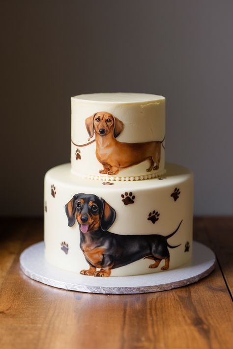 Dachshund Cake Delights: Fetch These Adorable Designs Frenchie Cake Ideas, Dachshund Cake Ideas, Dog Cake Design Ideas, Dog Theme Cake, Sausage Dog Cake, Birthday Cake For Dogs, Puppy Cakes, Dachshund Cake, Dog Themed Birthday Party