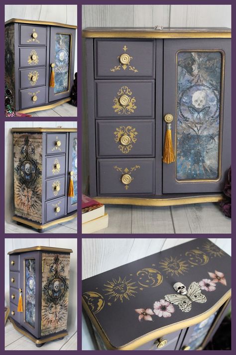 Painted upcycled vintage jewerly box with gold moon, stars and skulls! Jewellery Box Upcycle, Restored Jewelry Boxes, Celestial Furniture Diy, Painted Jewlrey Boxes, Altered Jewelry Boxes, Small Jewelry Box Makeover, Witchy Jewelry Box Diy, Painted Wooden Crates Ideas, Upcycle Jewelry Box Ideas