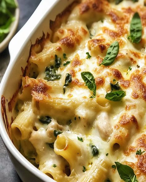 Creamy Chicken Spinach Pasta Bake with Fontina Cheese Chicken And Spinach Pasta Bake, Chicken Alfredo Spinach, Chicken Spinach Ricotta, Chicken Spinach Pasta Bake, Creamy Chicken Spinach, Creamy Chicken Spinach Pasta, Spinach Ricotta Pasta, Ricotta Stuffed Chicken, Spinach Pasta Bake