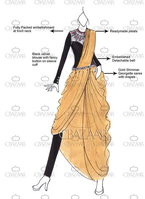 This is the pant style saree drape. Very simple and easy to wear yet stylish. Saree Drape, Saree Draping Styles, Saree Style, Fashion Illustrations Techniques, Dress Illustration, Draping Fashion, Fashion Illustration Sketches Dresses, Fashion Sketches Dresses, Fashion Drawing Dresses