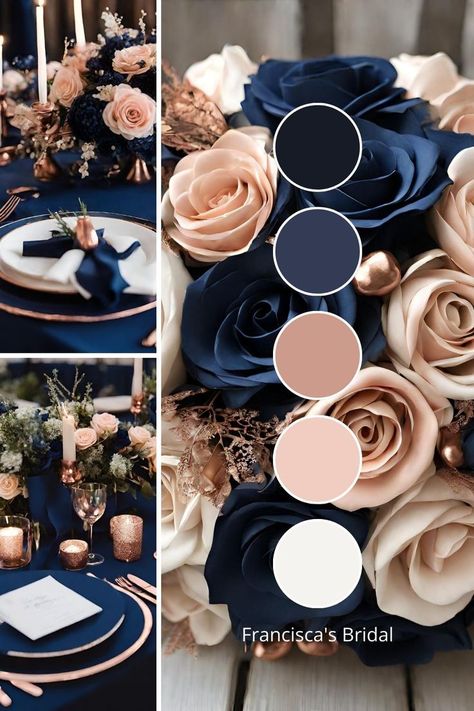 Navy Cream Wedding Color Schemes, Navy Blue And Rose Gold Color Palettes, Different Color Schemes For Weddings, Mauve And Navy Blue Wedding Colors, Season Wedding Ideas, Different Wedding Colors Colour Palettes, Navy Blue Wedding Scheme Colour Palettes, Navy Blue Maroon And Rose Gold Wedding, Wedding Color Schemes Navy Blue And Gold