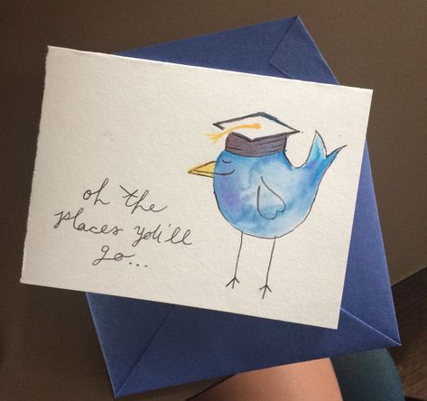 "Oh the places you'll go ..." homemade graduation greeting card. Bird with a cap, watercolor and pen Graduation Cards Diy, Watercolor Graduation, Graduation Cards Handmade, Watercolour Cards, Grad Cards, Congrats Card, Karten Design, Envelope Art, 카드 디자인