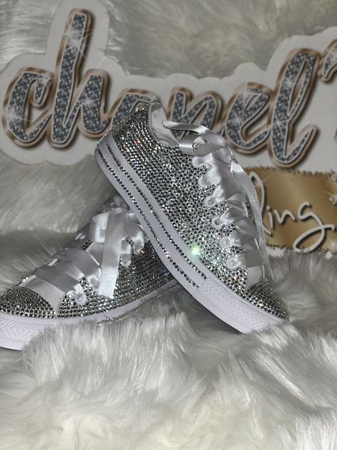 Blinged Out Chucks, Rhinestone Chuck Taylors, Badazzel Converse, Bling Sneakers Rhinestones, Diy Rhinestone Shoes, Converse Bedazzled, Rhinestone Tennis Shoes, Prom Sneakers, Bling Converse Shoes