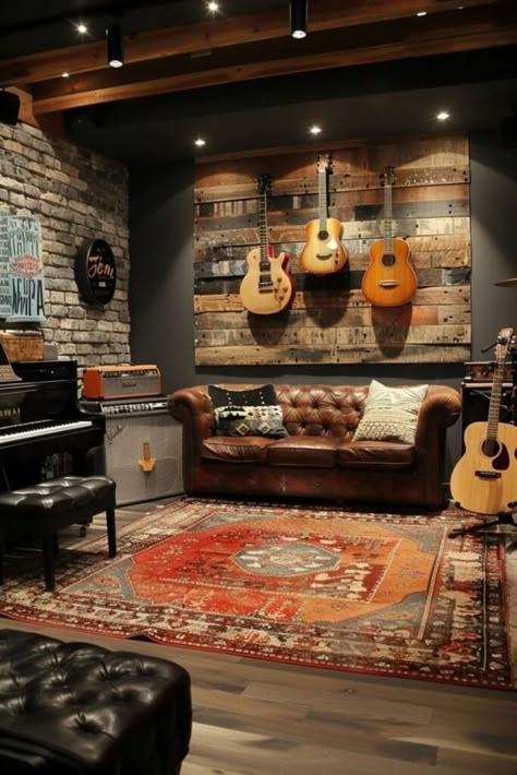 Music Basement Ideas, Music Jam Room, Guitar Room Ideas Man Caves, Musical Home Decor, Music Studio Room Ideas Small Spaces, Music Studio Living Room, Music Themed Apartment, In Home Studio Music, Music Production Setup