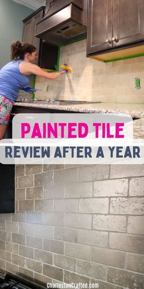 Considering painting tile in your home? Here is a review of our painted tile here at Charleston Crafted a year after doing it so you can decide if the painted tile lasts! Read our review and decide for yourself if you will take the plunge into this project! How To Paint Tile Backsplash Kitchen, Painting Tile Walls In Kitchen, Backsplash For Green Countertops, Painting Backsplash White, Diy Paint Tile Backsplash, Painting Tile Kitchen Backsplash, Can You Paint Bathroom Wall Tile, Paint Wall Tiles Kitchen, Tile Paint Backsplash Kitchen