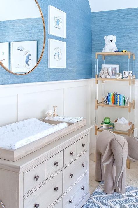 Light Brown Dresser and Changing Table on Board and Batten Wall - Transitional - Nursery Vintage Nursery Dresser, Light Brown Dresser, Brass Crib, Brass Nursery, Dresser And Changing Table, Bookcase Design Ideas, Board And Batten Trim, Stencil Techniques, Transitional Nursery