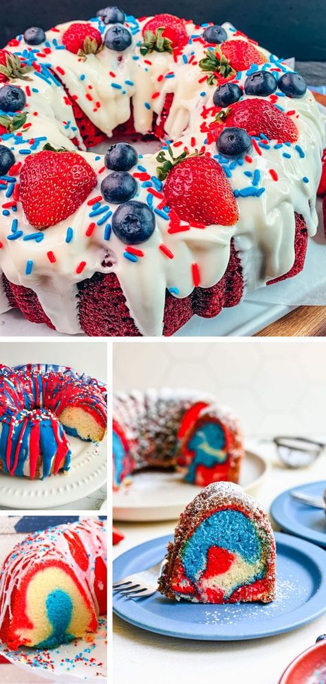 Elevate your 4th of July celebration with these classic red, white, and blue swirled Bundt cake recipes that are sure to impress your guests!  These patriotic desserts aren't just delicious, they're also stunning centerpieces that capture the spirit of Independence Day. Fourth Of July Bundt Cake, Red White And Blue Bundt Cake, Red White And Blue Cake Ideas, Red White And Blue Cakes, July 4th Cakes, 4th Of July Bundt Cake, Patriotic Bundt Cake, 4th Of July Cakes, Red White Blue Cake