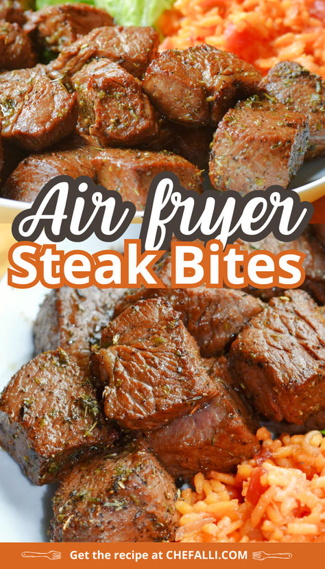 Steak bites made in an air fryer with sirloin steak or sirloin tips served with potatoes or rice for dinner on a white plate. Air Fryer Steak Bites, Steak Bites Recipe, Air Fryer Steak, Steak Tips, Easy Steak, Steak And Mushrooms, Air Fryer Dinner Recipes, Steak Bites, Air Fryer Healthy