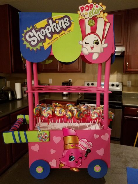 My first attempt to make a candy cart. Shopkins themed birthday party. Shopkins Birthday Party Decoration, Shopkins Bday, Birthday Party At Park, Candy Theme Birthday Party, Shopkins Birthday Party, Shopkins Birthday, Shopkins Party, Hawaiian Birthday Party, Happy B Day