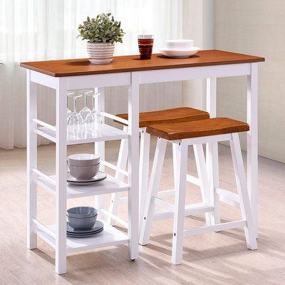 Charlton Home Scribner 3 Piece Dining Set Table Top Color: Oak, Table Base Color: White Small Kitchen Table Sets, Vstupná Hala, Modern Grey Kitchen, Kitchen Bar Table, Grey Kitchen Designs, Small Kitchen Tables, 3 Piece Dining Set, Solid Wood Dining Set, Kitchen Table Settings