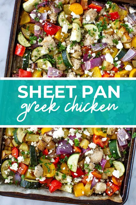 Sheet Pan Greek Chicken {Meal Prep} Chicken Bake With Veggies, Easy Healthy Dinner Sheet Pan, Sheet Pan Dinners Greek, Meal Prep Sheet Pan Meals, Greek Chicken And Veggies Sheet Pan, Sheet Pan Summer Dinners, Sheet Pan Chicken Mediterranean, Clean Sheet Pan Meals, Greek Chicken And Vegetables