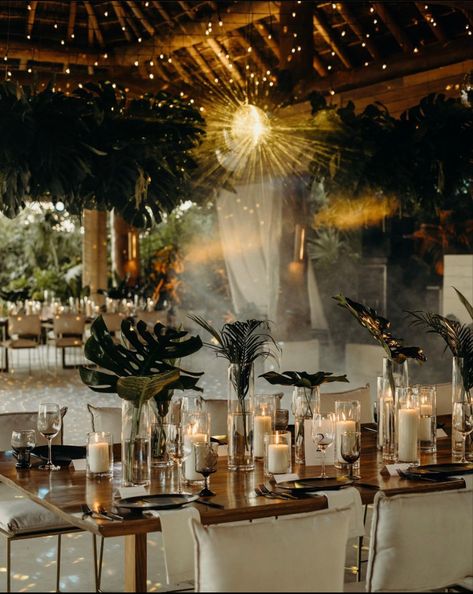 Jungle Chic Wedding, Tulum Wedding Invitations, Dark Tropical Wedding, Tulum Garden, Wedding Table Lighting, Tropical Wedding Reception, Mexican Inspired Wedding, Jungle Wedding, Tropical Wedding Inspiration