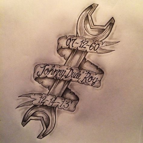 Memorial Tattoo Sketches, Memorial Wrench Tattoo, Mechanic Memorial Tattoo, Uncle Memorial Tattoo, Tools Tattoo Design, Diesel Mechanic Tattoo, Memorial Drawings, Mechanic Tattoo Ideas, Diesel Mechanics Tattoo