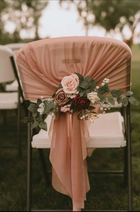 Chair Ideas For Wedding, Metal Chair Wedding Decor, Plastic Chairs Wedding, Metal Folding Chair Decorations Wedding, Decorating Folding Chairs For Wedding, Wedding Ceremony Chair Ideas, Wedding Chair Ties, Chair Sash Ideas Wedding Diy, Decorating Folding Chairs