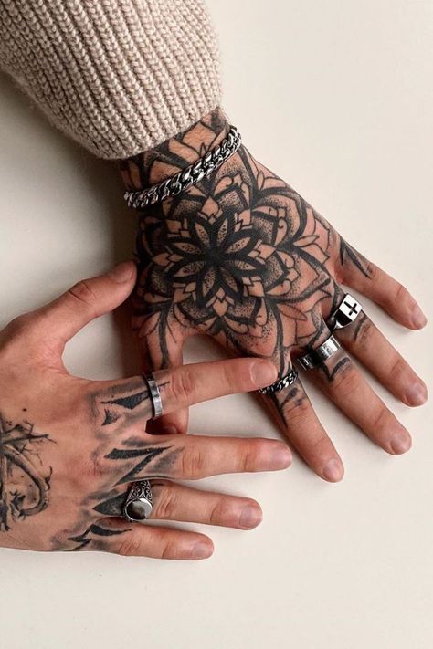 Hand Palm Tattoos, Geometric Tattoo Hand, Blue Ink Tattoos, All Seeing Eye Tattoo, Full Hand Tattoo, Feminine Skull Tattoos, Mandala Hand Tattoos, Minimal Tattoo Design, Palm Tattoos