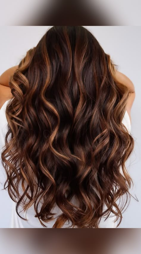 This shade of dark brown with cinnamon highlights is to die for! Notice how gorgeous the dimension appears in this balayage hair. (Photo credit IG @hairstylist.madison) Dark Brown Hair With Red And Caramel, Dark Brown With Cinnamon Highlights, Cinnamon Balayage On Dark Hair, Chocolate Brown Hair With Cinnamon Highlights, Dark Brown Hair With Cinnamon Balayage, Black Hair With Cinnamon Highlights, Caramel And Cinnamon Highlights, Balayage Hair Cinnamon, Maple Highlights On Dark Hair