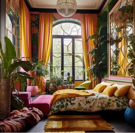 Jungle Maximalist Bedroom, Maximalist Feminine Bedroom, Eclectic Salon Suite Decor, Nature Maximalist Decor, Light Maximalist Bedroom, Colorful Maximalist Interior Design, Yellow Maximalist Bedroom, Maximalist Comforter, Maximalist Interior Design Living Room