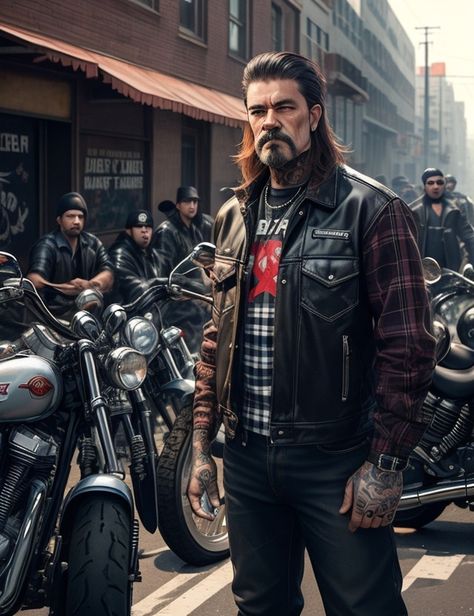 Jonny Arson and the Redcappers. Copyright @fivecolorcloud Biker Gangs, Biker Fanart, Biker Guy Art, Biker Gang Character Design, Tattoed Biker Men, Biker Gang, Biker Art, Biker Life, Rocker