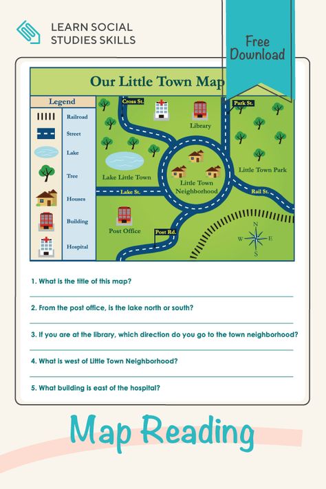 In this map reading worksheet, kids study a map containing familiar landmarks — like trees, buildings, and streets — to answer comprehension questions. #clicktolearn #maps #socialstudies #elementary #printable #worksheet #educationdotcom Reading Practice Worksheets, Reading Skills Worksheets, Map Skills Worksheets, Learning Maps, Visual Map, Geography Activities, Map Worksheets, Visual Literacy, Map Reading