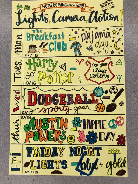 AGHS flyer for Homecoming 2018 celebrating movie genres. Easy Disney Costumes, Character Day Ideas, Spirit Week Themes, Spirit Day Ideas, High School Spirit, Best Holiday Movies, Punny Halloween Costumes, Ugly Sweater Day, School Spirit Week