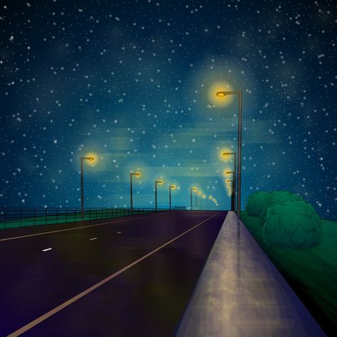 Night Street Drawing, Night Sky Drawing, Night Walking Aesthetic, Road Drawing, Disney Drawings Sketches, Night Illustration, Art Assignments, Scenery Background, Night Scene