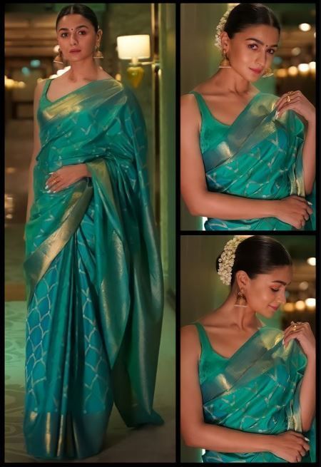 Designer Sarees For Engagement, Classic Indian Saree Look, Hairstyle For Banarasi Saree, Hairstyles For Banarasi Saree, Sari Hair Styles Indian Fashion, Makeup On Saree, Hairstyle For Traditional Saree, Hairstyle For Saree Look, Puja Outfits