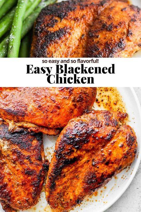 Blackened Chicken - an easy and simple blackened chicken recipe that is delicious on its own or in a salad or with alfredo sauce! #blackenedchicken #blackenedchickenrecipe #blackenedchickenseasoning #blackenedchickenbreast Blacken Chicken Sandwich, Blacking Seasoning For Chicken, Blackened Chicken Baked, Blackened Chicken Crockpot, Blackened Pepper Chicken, Blackened Chicken Quesadilla, Blackened Chicken Salad Recipes, Blackened Seasoning Recipe Chicken, Blackened Chicken Recipe Dinners