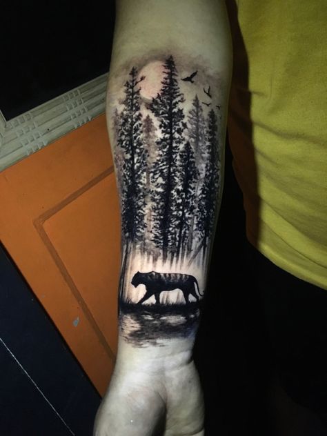 Silhoutte tiger jungle tattoo by Bju Mgr Tiger In Forest Tattoo, Tiger Mountain Tattoo, Tiger Forest Tattoo, Jungle Forearm Tattoo, Tiger Jungle Tattoo, Jungle Tattoo Design, Jungle Tattoo Sleeve, Jungle Tattoo Ideas, Fable Tattoo