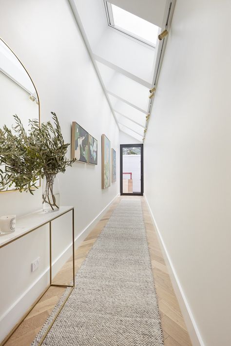 long hallway with hall runner and skylight Narrow Entry Hallway, Hallway Runners Ideas, Long Narrow Hallway Ideas, Long Narrow Hallway, Long Hallway Runner, Long Hall, Velux Skylights, Narrow Hallway Ideas, Internal Glass Doors