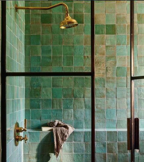 Image Via @alexanderdesignbuild Moroccan Style Bathroom, Moroccan Tile Bathroom, Green Shower Tile, Burgundy Bathroom, Bathroom Design Trends, Zellige Tile, Bathroom Shower Tile, Bathroom Inspiration Decor, Upstairs Bathrooms