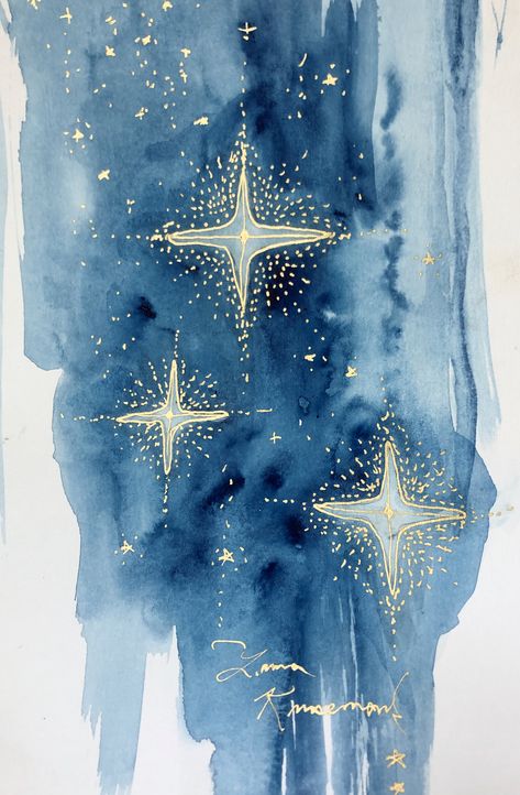 Watercolor and gold stars Stars Watercolor Painting, Star Drawing Aesthetic, Christmas Star Drawing, Stars Illustration Art, Star Art Aesthetic, Star Watercolor Painting, Watercolour Star Tattoo, Abstract Star Painting, Star Abstract Art