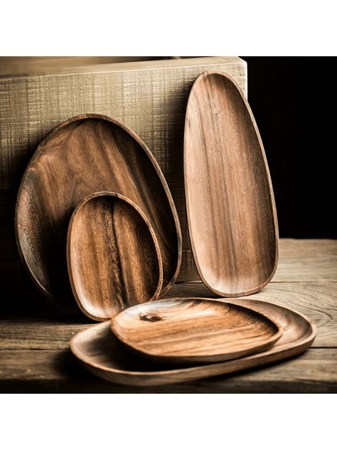 1pc Acacia Wood Dinner Plate Irregular Oval Shape Wooden Tray For RestaurantI discovered amazing products on SHEIN.com, come check them out! Kitchenware Ideas, Wood Crafts That Sell, Bamboo Utensils, Wooden Dishes, Sustainable Kitchen, Wooden Plate, Wooden Plates, Dinner Set, Wooden Tray