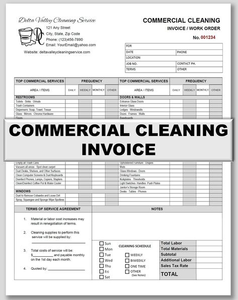 "You will enjoy using this Commercial Cleaning Invoice or Work Order designed by one of my wonderful Etsy clients! Designed by a professional cleaning specialist for professional use: You will find it simple and easy to use, meeting the daily needs of your top-quality commercial cleaning service. Focused on office cleaning: This Microsoft WORD (and PDF) template features an \"Offices\" and \"Windows\" category along with the regular, commercial cleaning list. Personalize the letterhead and fill Cleaning Service Supply List, Valet Trash Business, Commercial Cleaning Services Prices, Commercial Cleaning Business Price List, Commercial Cleaning Business Pricing, Cleaning Pictures For Business, House Cleaning Services Prices, House Cleaning Business Pricing, Small Cleaning Business