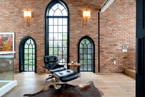 This might be the most stunning church conversion condo in Toronto Deep Soaker Tub, Chapel Conversion, Church Conversions, Stair Banister, Church Windows, Church Interior, Living Room Windows, Arched Windows, Old Church