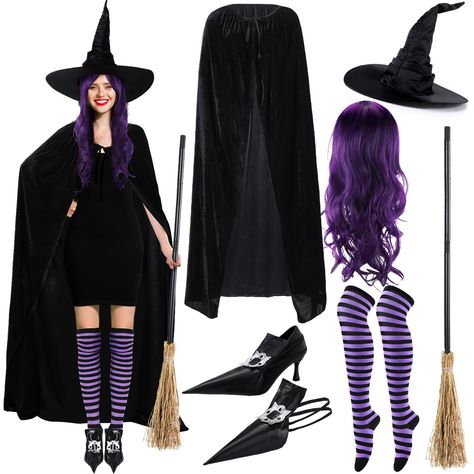 PRICES MAY VARY. Comprehensive Witch Costume Set: this Halloween witch cosplay costume provides you with everything you need to transform into a bewitching enchantress; Not only does it include 1 black adult cape, 1 witch hat, but also 1 witch broomstick, 1 long curly hair wig, 1 pair of striped tights, and even 1 pair of shoe covers; Stand out at your next Halloween party with this complete costume set Suitable Sized for Adults: this costume is designed keeping adults in mind; With an adult cap Witch Ride Costume, Teacher Witch Costume, Halloween Character Costumes, Homemade Witch Costume, Witch Costumes For Women, Witch Costume Ideas, Diy Witch Costume, Warlock Costume, Cute Witch Costume