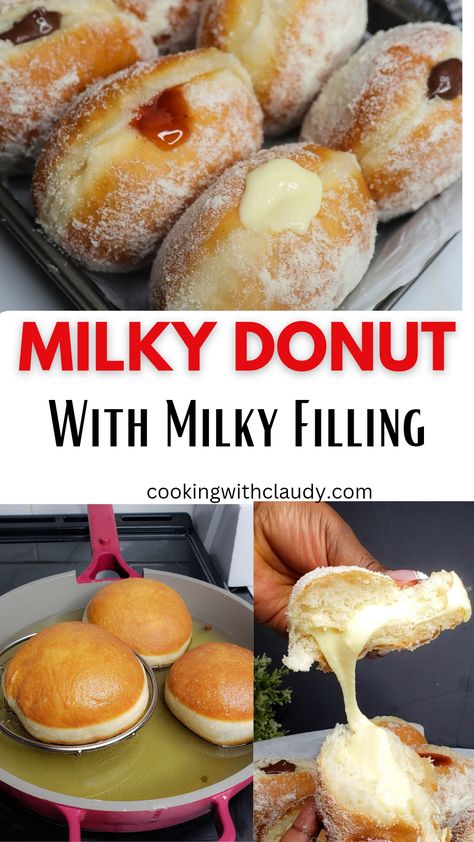 Milky Donut Recipe, Milky Doughnut Recipe, Donut Filling Recipe, Milky Doughnut, Doughnut Filling Recipe, Milky Donut, Yeast Doughnut Recipe, Milk Donut, Baked Lamb Chops