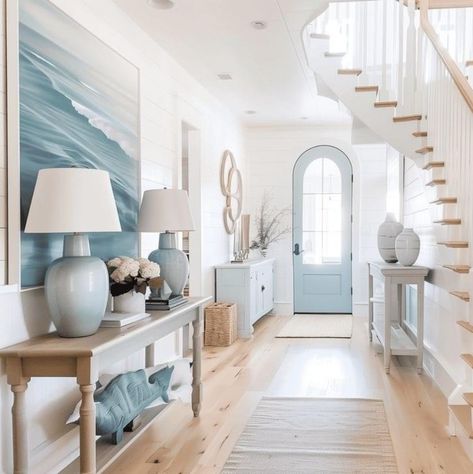 Coastal Home Staircase, Hamptons Beach House Interior, Classic Coastal Home, French Coastal Cottage, Coastal Craftsman Interior Decor, Hamptons Interior Design Coastal Style, Coastal Basement Ideas, Costal Cottage House Interior, Coastal Foyer Entryway