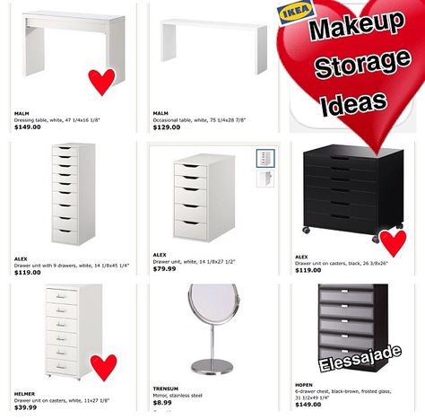 Here are some furniture pieces that can be purchased from IKEA that can be used for your makeup storage, depending on the look you are going for. If you are interested in vanities, then a IKEA desk would be great. If you are look for a drawer type of storage, then the Alex units work great! Makeup Organization Ikea, Ikea Makeup Storage, Ikea Makeup, Rangement Makeup, Makeup Station, Ikea Desk, Diy Vanity, Vanity Room, Glam Room