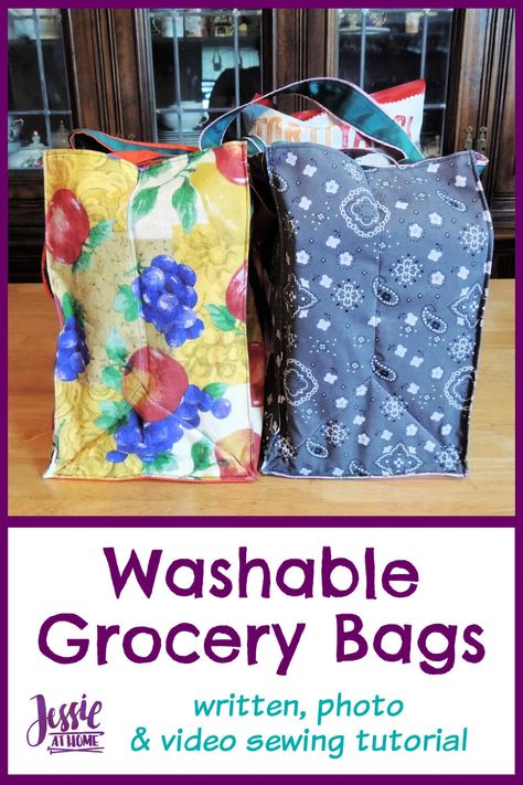 Washable Grocery Bags Sewing Tutorial - Jessie At Home Reusable Grocery Bags Pattern, Diy Reusable Grocery Bags, Diy Grocery Bags, Homestead Projects, Grocery Bag Pattern, Grocery Bag Storage, Shopping Bag Pattern, Tote Bag Pattern Free, Bag Tutorials