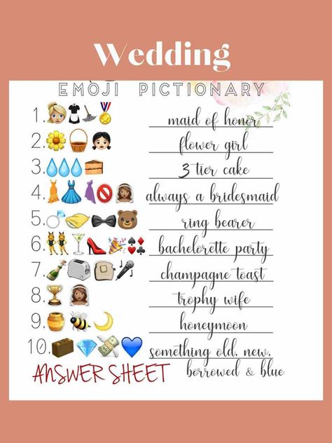 13 Wedding Emoji Pictionary with Answers - Fun Party Pop Wedding Emoji Pictionary, Wedding Emoji Game, Bridal Shower Emoji Pictionary, Bridal Emoji Game, Emoji Pictionary With Answers, Engagement Party Games Activities, Bridal Emoji Pictionary, Wedding Emoji, Wedding Games And Activities