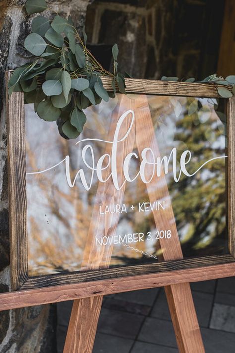 How gorgeous is this wood frame and glass wedding reception welcome sign? We love how Lauren & Kevin paired it with simple greenery, too. See more photos from this couple's Asheville wedding here: Wedding Sign Decor, Acrylic Wedding Sign, Welcome Sign Wedding, Acrylic Wedding, Wedding Welcome Sign, Etsy Wedding, Welcome To Our Wedding, Nails Elephant, Elephant Wedding